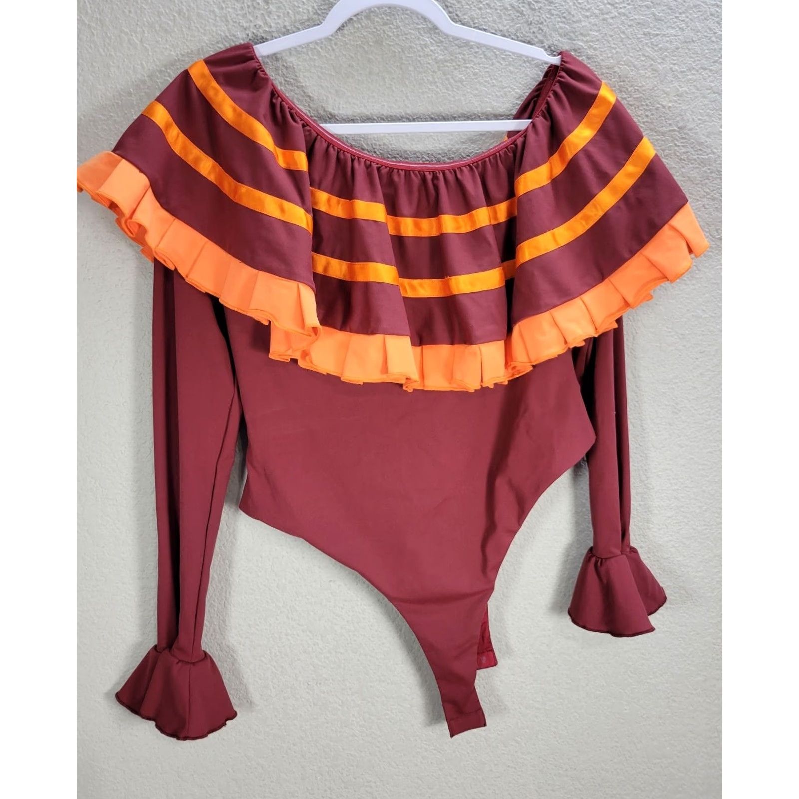 Vintage Women's By Egreis Bodysuit Orange Burgundy Ruffle Long Sleeve Lined Sz L Bodysuit Shirt Womens Size L / US 10 / IT 46 - 5 Thumbnail