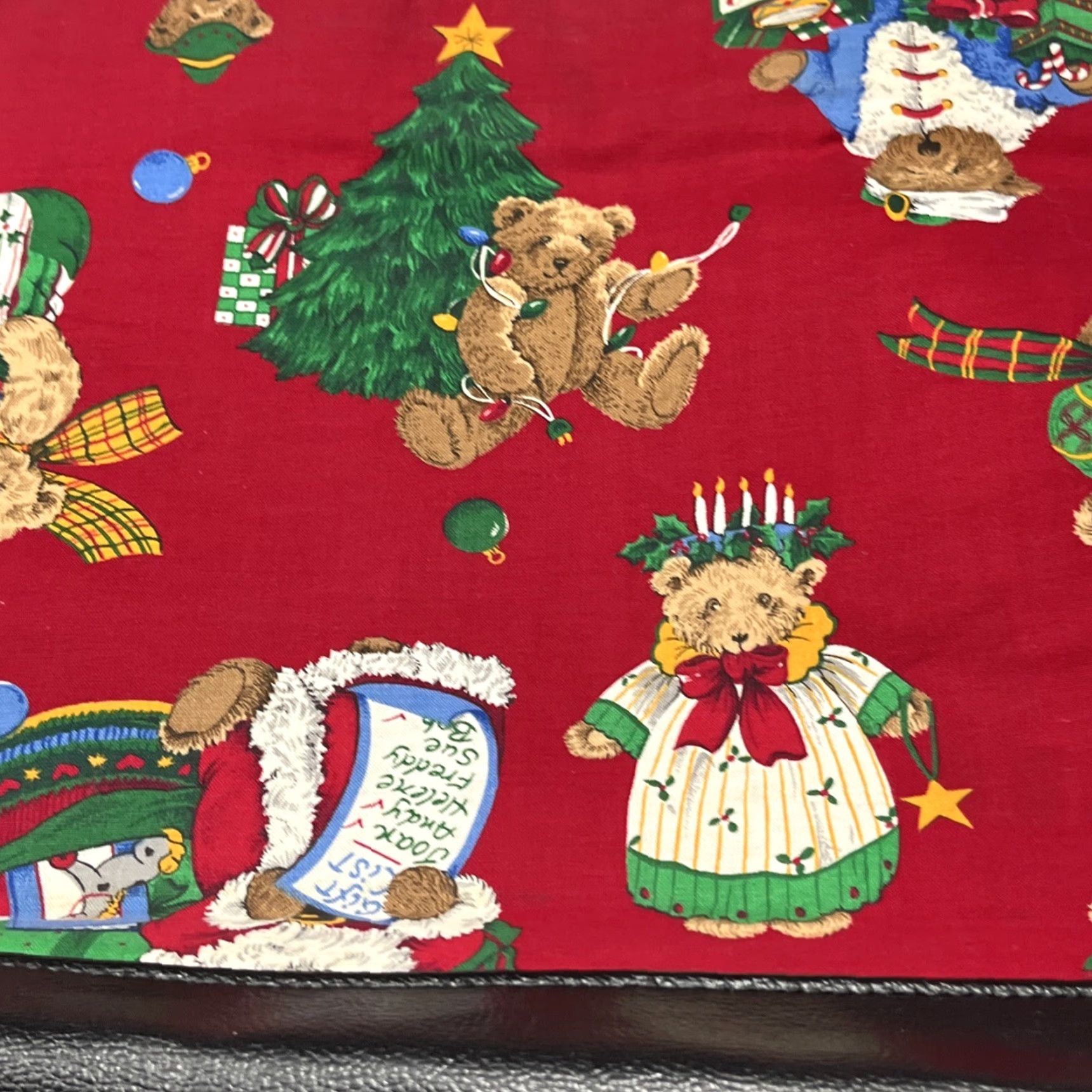 Vintage VINTAGE Unbranded Tote Bag Black Lined Cotton Canvas Christmas Teddy Bears 13”x19” Red Green Tree Santa Size ONE SIZE - 4 Thumbnail