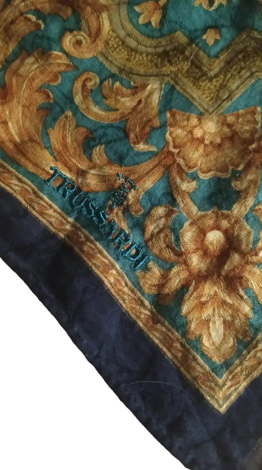 Vintage Vintage Trussardi Silk Scarf Baroque Crest Print Gold Teal Size ONE SIZE - 2 Thumbnail