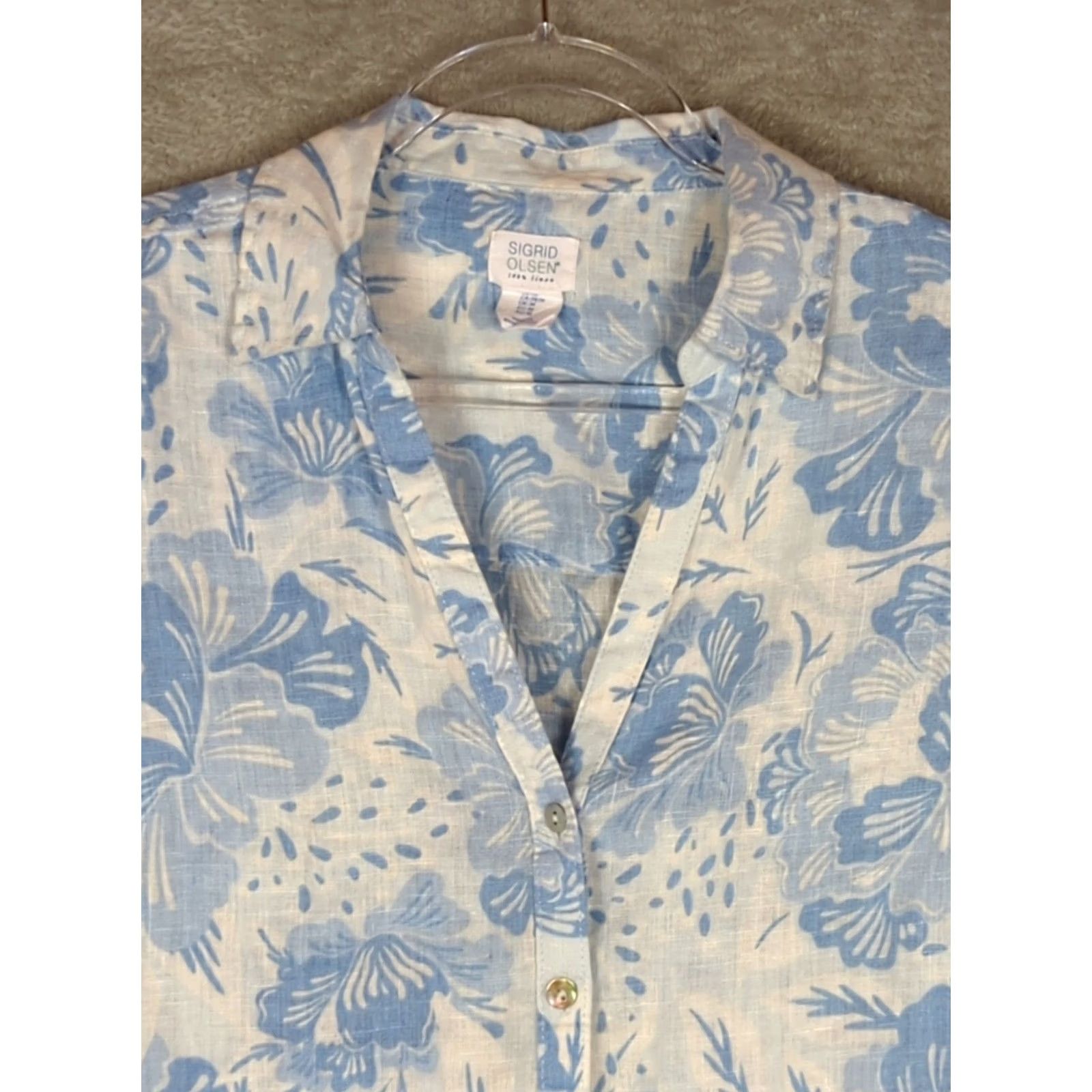 ALOHAS Sigrid Olsen Blouse M Linen Roll Tab Sleeve Button Down Blue Floral Beach Tunic Womens Size M / US 6-8 / IT 42-44 - 3 Thumbnail
