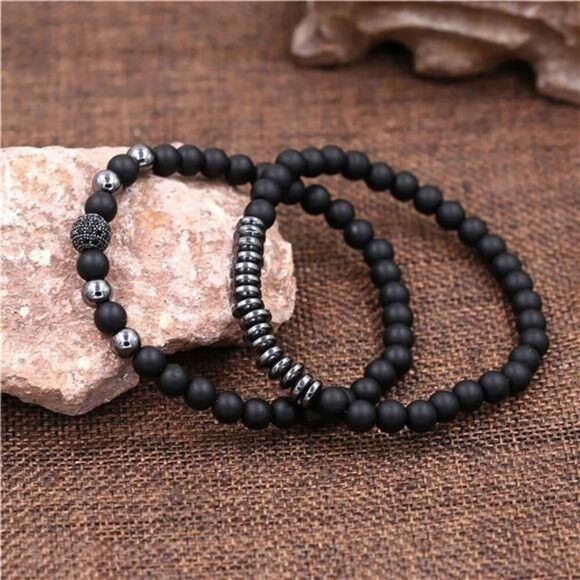 Other 3PCS Men’s Black Beads Stainless Steel Bracelet Set Bangle Size ONE SIZE - 9 Thumbnail