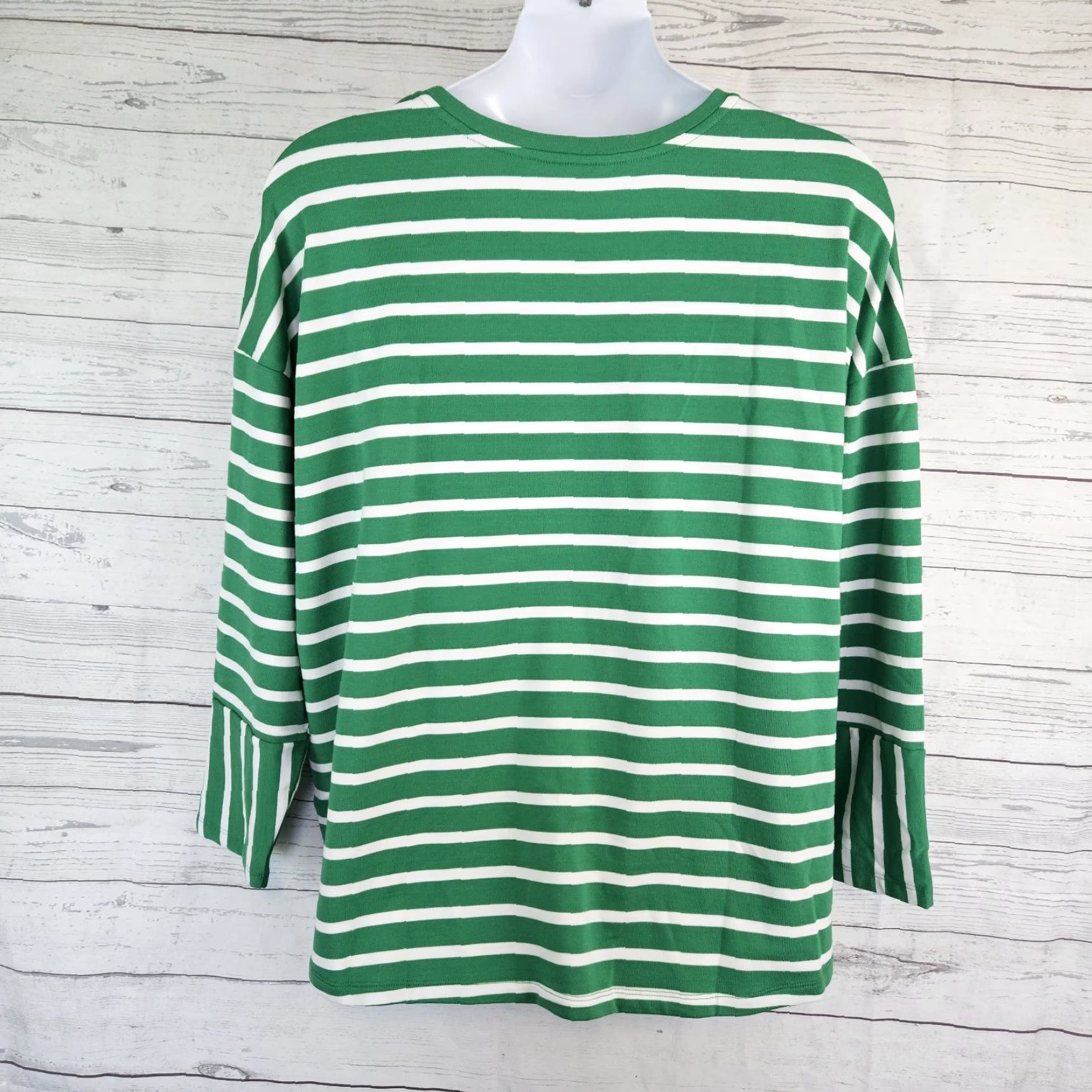 Vintage d&co Active Womens Top T-Shirt 2X Green White Stripe Long Sleeve Cotton Blend Shirt Women Size XXL / US 16-18 / IT 52-54 - 3 Thumbnail