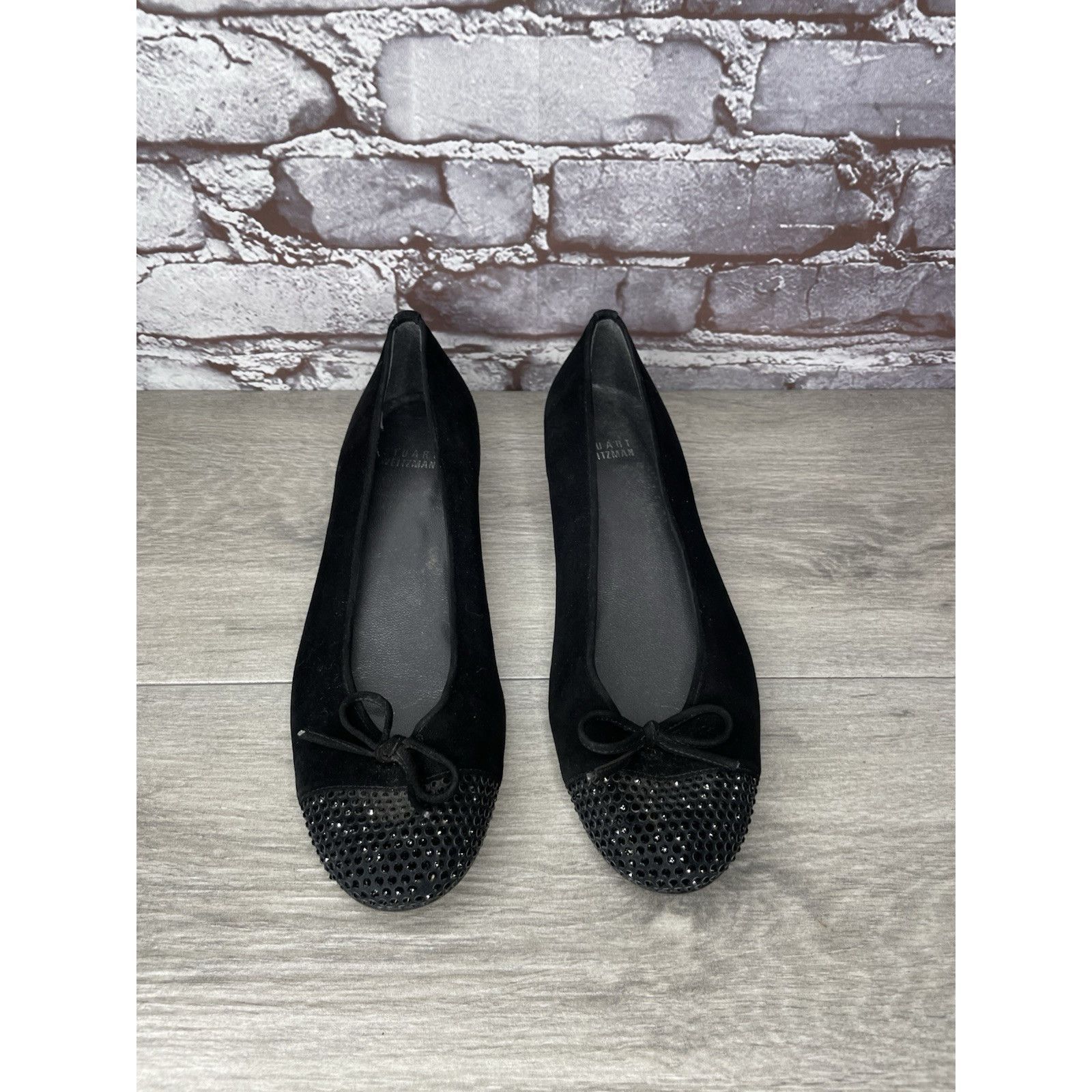 Stuart Weitzman Stuart Weitzman Black Suede Rhinestones Bow Ballet Flats Wom Size US 7.5 / IT 37.5 - 1 Thumbnail