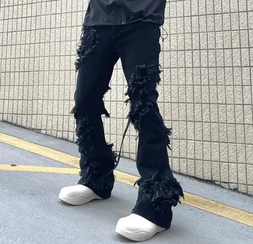 VIBE High Street Ripped Tassel Frayed Black Flare Jeans Pant Size US 30 / EU 46 - 1 Thumbnail