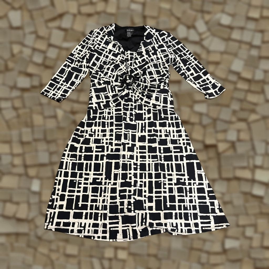 Vintage S.L. Fashions Dress Women Size 12 A-Line Long Sleeve Black White Knee Length Casual Vintage No Size XL / US 12-14 / IT 48-50 - 1 Thumbnail