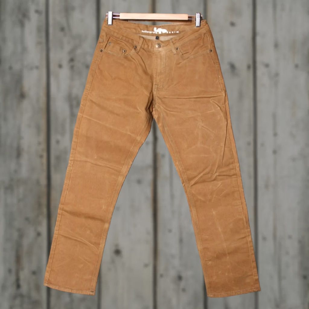 Denime BULLETPRUFE Denim Jeans Tan 29x31 Men Straight Oil Waxed Stretch Denim Jeans Tag 30x32 Size US 31 - 1 Thumbnail