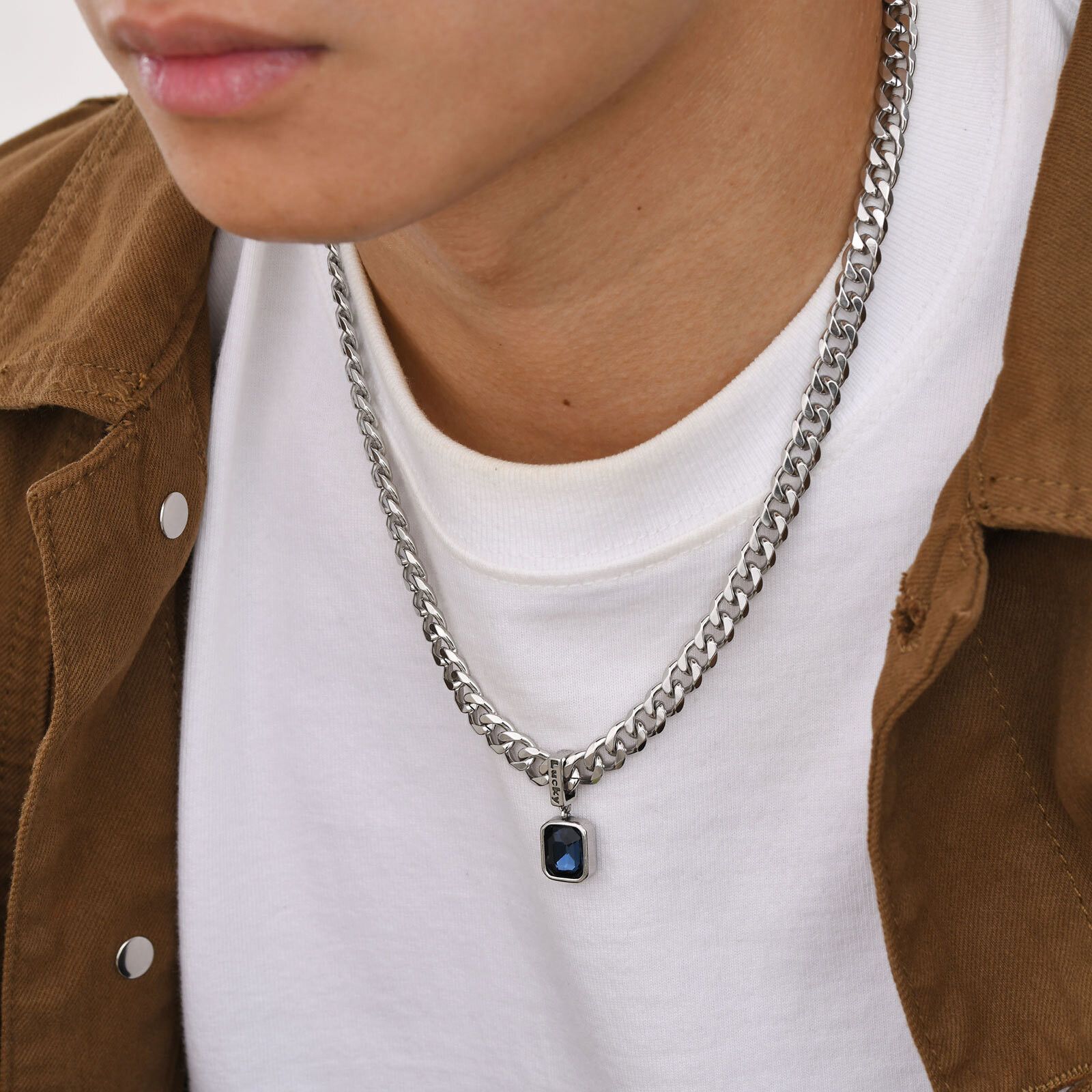 Jewelry 47cm Sea Blue Zircon Steel Lucky Words Pendant Necklace Size ONE SIZE - 7 Thumbnail