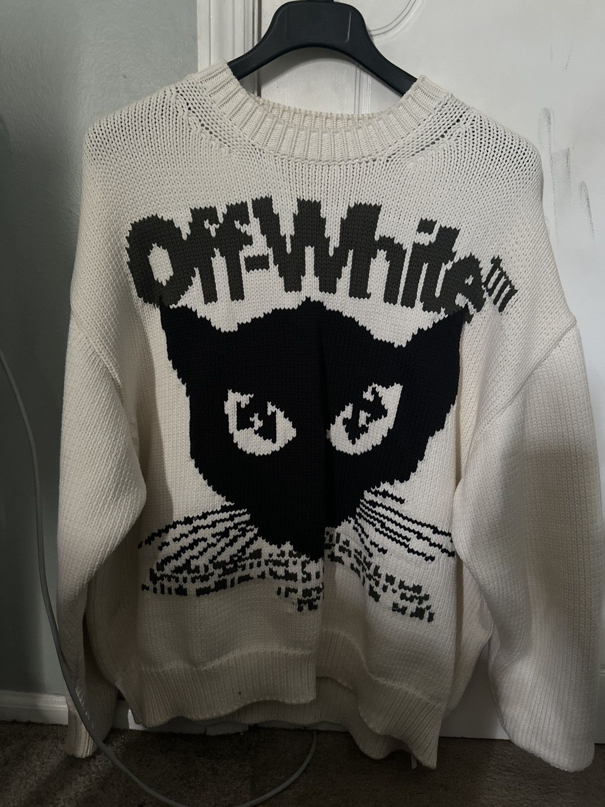 image of Off White Off-White Cat Intarsia-Knit Sweater in Beige, Men's (Size Small)