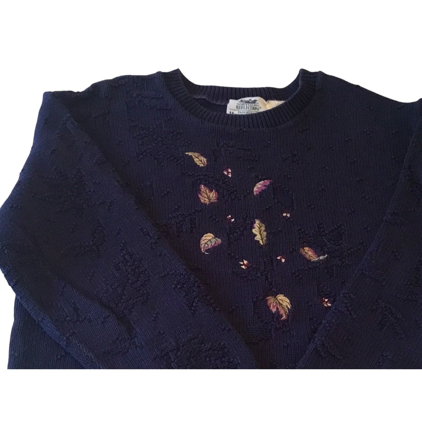 Northern Reflections Northern Reflections Patterned Knit Sweater Navy Bl Leaves L Size L / US 10 / IT 46 - 2 Thumbnail