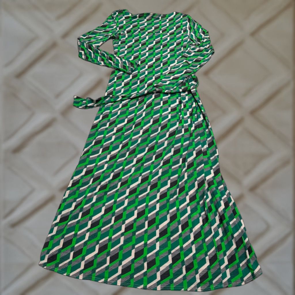 Vintage Saint + Sofia Geometric Chevron Midi Wrap Dress Womens 4 Green Asymmetric Hem Long Sleeve Square Neck Belted Dress Wrap Size S / US 4 / IT 40 - 1 Thumbnail