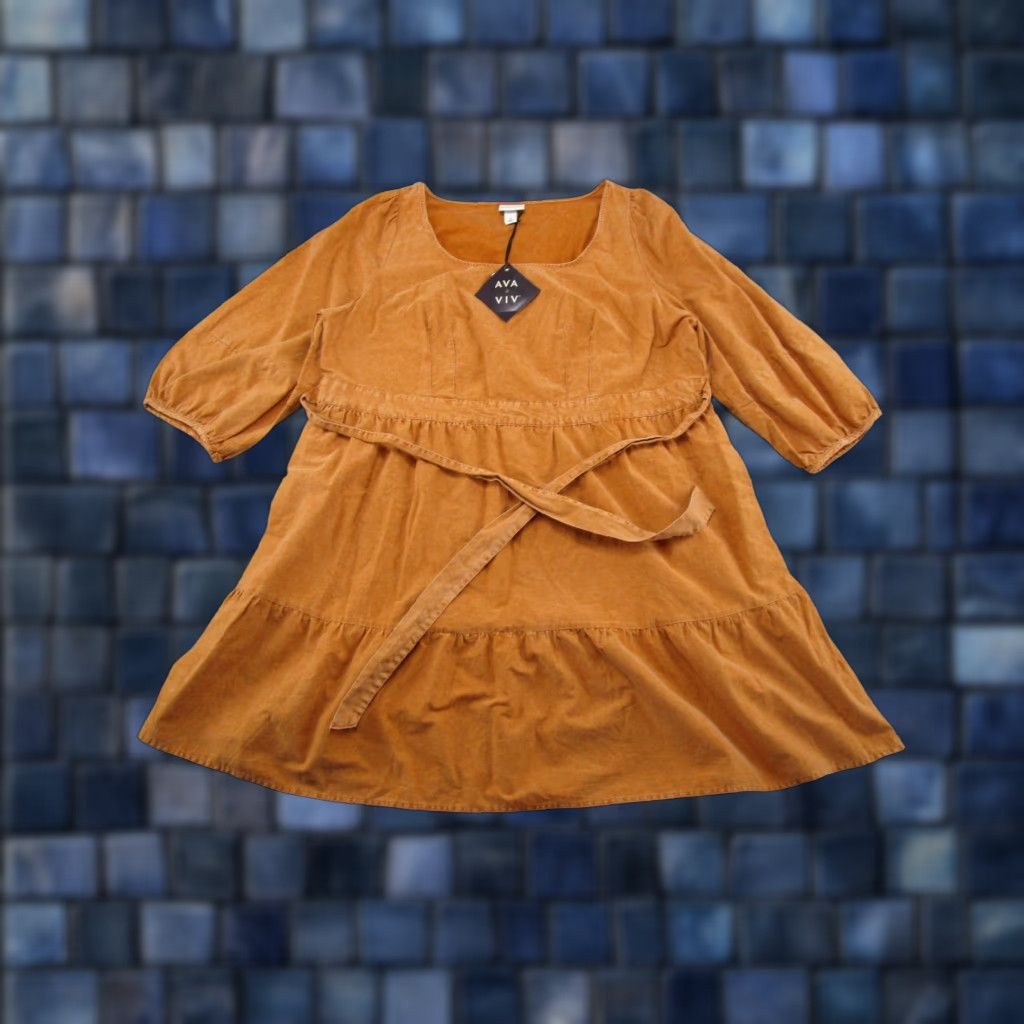 Vintage Ava Viv Dress Womens Plus Size 1X Gold Belted 3/4 Sleeve Balloon Sleeve Midi Solid NEW Size XL / US 12-14 / IT 48-50 - 1 Thumbnail