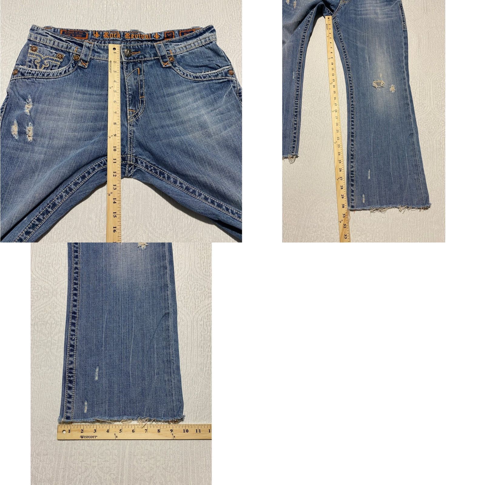 Vintage Rock Revival Jeans Mens 36x30 Distressed Embroidered Denim Cropped Raw Hem Paul Straight Straight Jeans Mens Blue 5-Pocket Design Logo Size US 36 / EU 52 - 9 Thumbnail