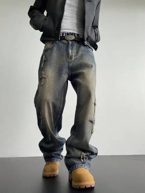 VIBE Straight-leg loose jeans with retro patchwork design Size US 34 / EU 50 - 8 Thumbnail