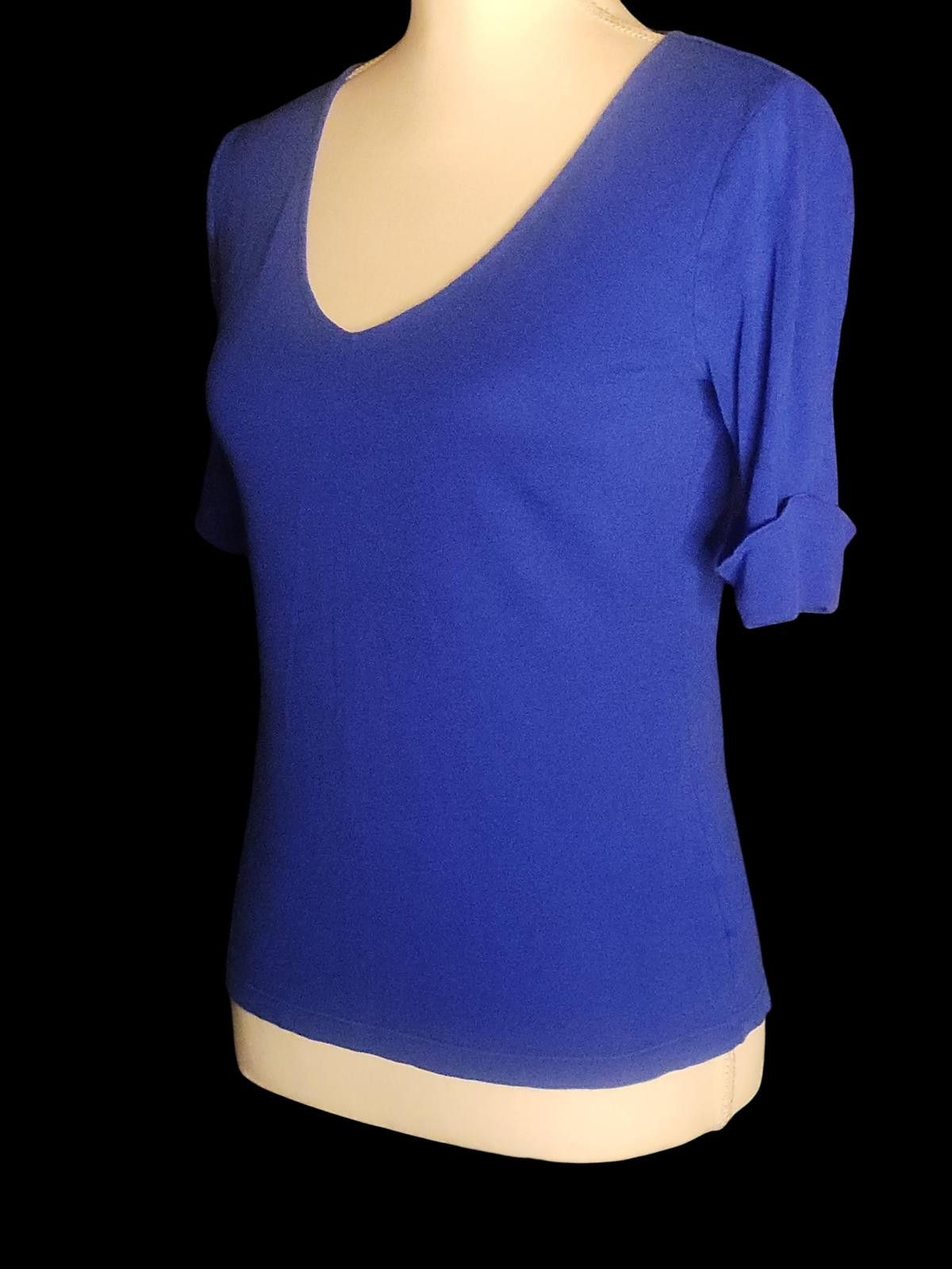 Lauren Ralph Lauren Lauren Ralph Lauren Blue V-Neck Women's Top w Rolled Sleeves Size M / US 6-8 / IT 42-44 - 3 Thumbnail