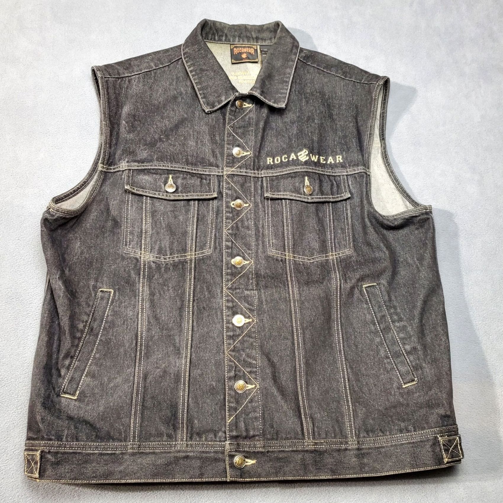 Rocawear VINTAGE Rocawear Vest Jacket Mens 2XL Black Denim 90s Hip Hop Y2K Leather Patch Size US XXL / EU 58 / 5 - 2 Thumbnail