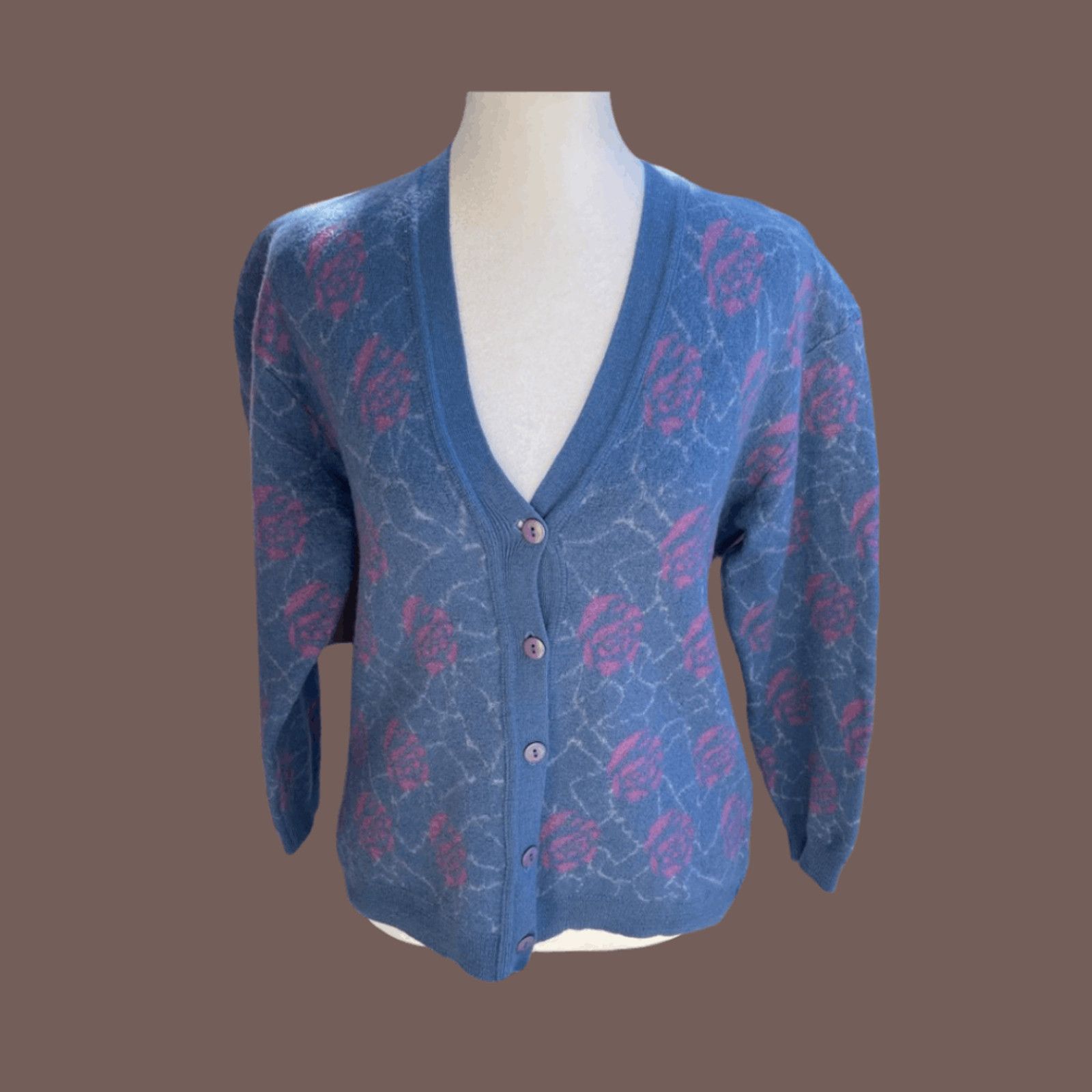 Vintage VTG Floral Cardigan | Camela Blue Wool Knit |70s Cottagecore Size XS / US 0-2 / IT 36-38 - 1 Thumbnail