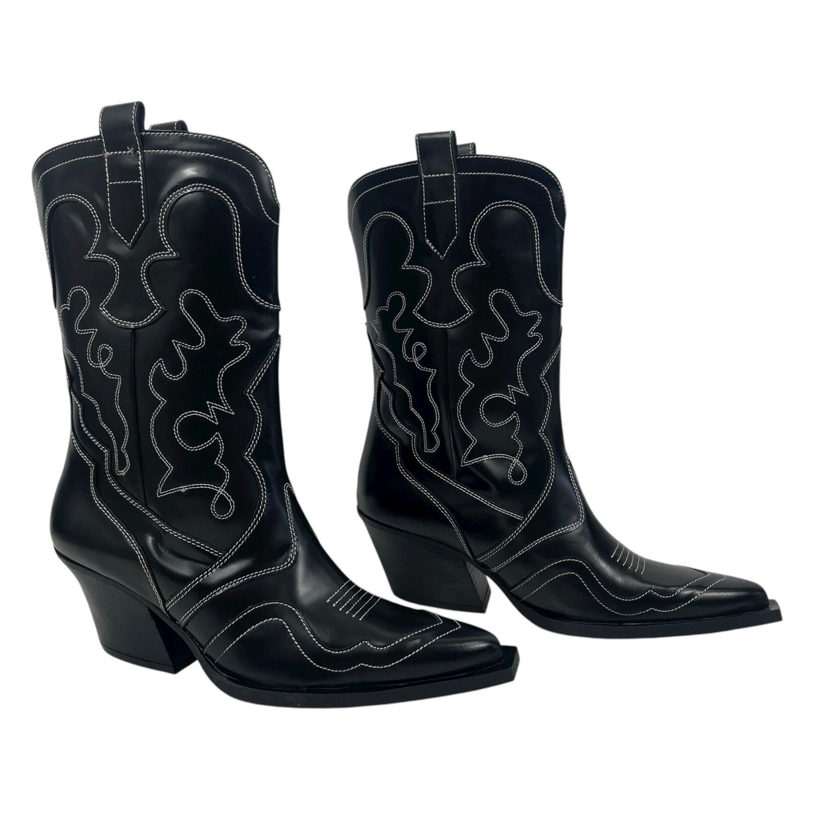 Mango Mango Leather Cowboy Ankle Boots Embroidery Black 39/ 8.5 Size US 8.5 / IT 38.5 - 7 Thumbnail