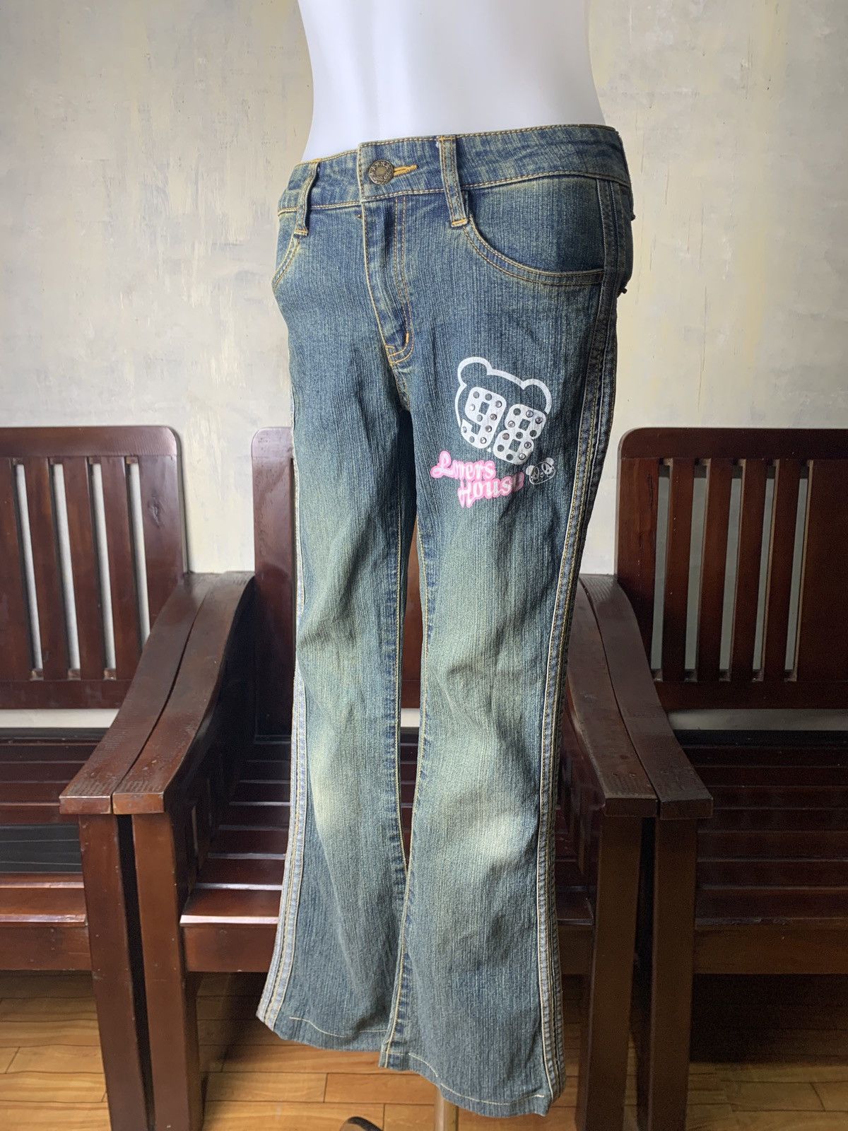 Angel Blue y2k Lovers House Japan Washed Flared Cute Icon Jeans Pants Size 24" / US 00 / IT 34 - 3 Thumbnail
