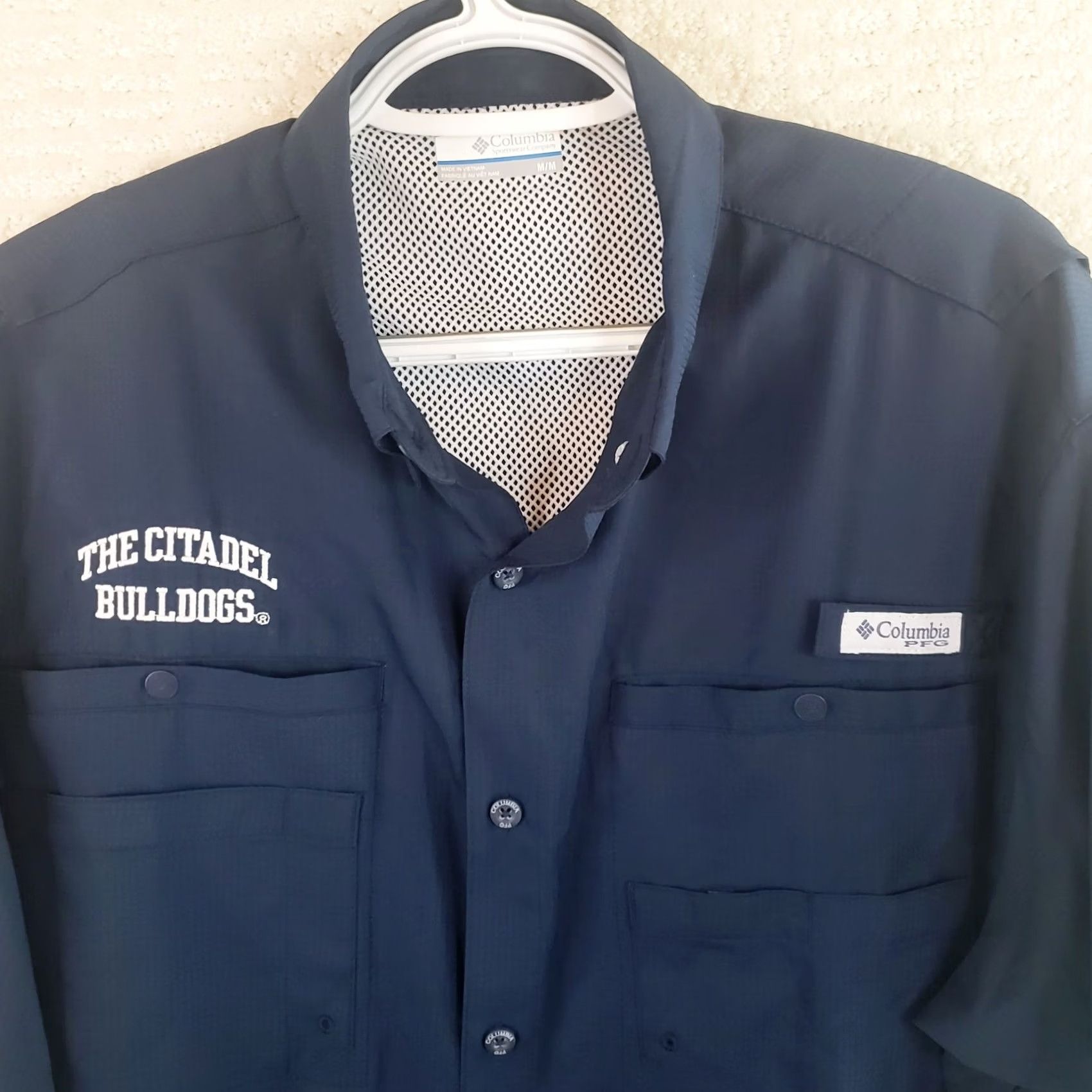 Vintage COLUMBIA PFG Citidel Bulldogs Slack Tide Camp Fishing Shirt Navy SS Men M Vented Size US M / EU 48-50 / 2 - 3 Thumbnail