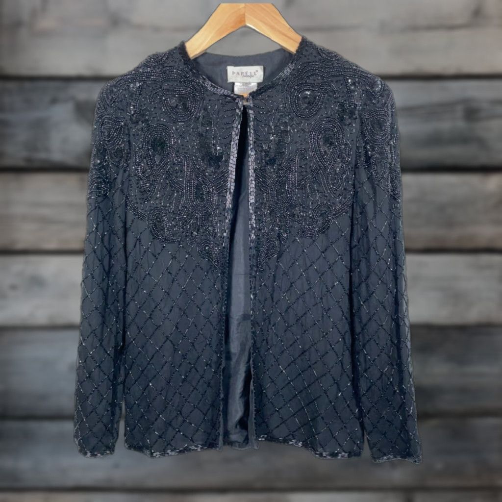 Adrianna Papell VINTAGE Papell Boutique Silk Beaded Jacket Women's Small Black Clasp Open Front Sequin Size S / US 4 / IT 40 - 1 Thumbnail