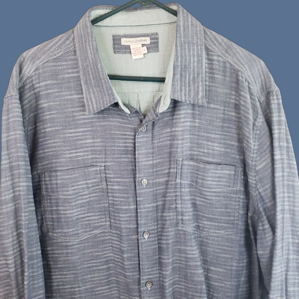 Carbon2Cobalt Carbon 2 Cobalt Shirt Men's XL Blue Green Horizontal Wave Striped Button Up Long Sleeve 100% Cotton Modern Western Business Casual Size US XL / EU 56 / 4 - 1 Thumbnail