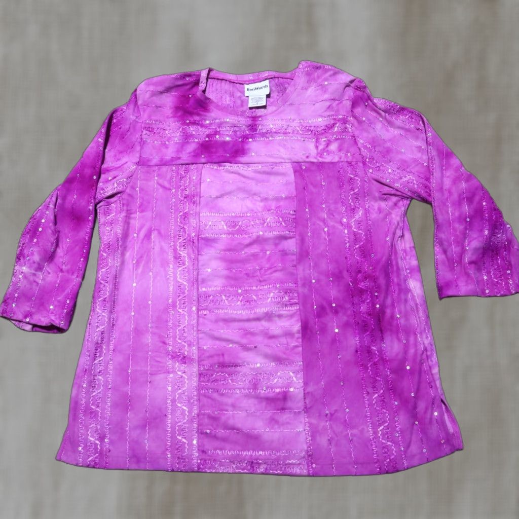Vintage BonWorth Shirt Adult Women S Purple Blouse With Rhinestone Top Half Sleeve Knit Polyester Round Neck 3/4 Sleeve Casual Workwear 2000s USA Size S / US 4 / IT 40 - 1 Thumbnail