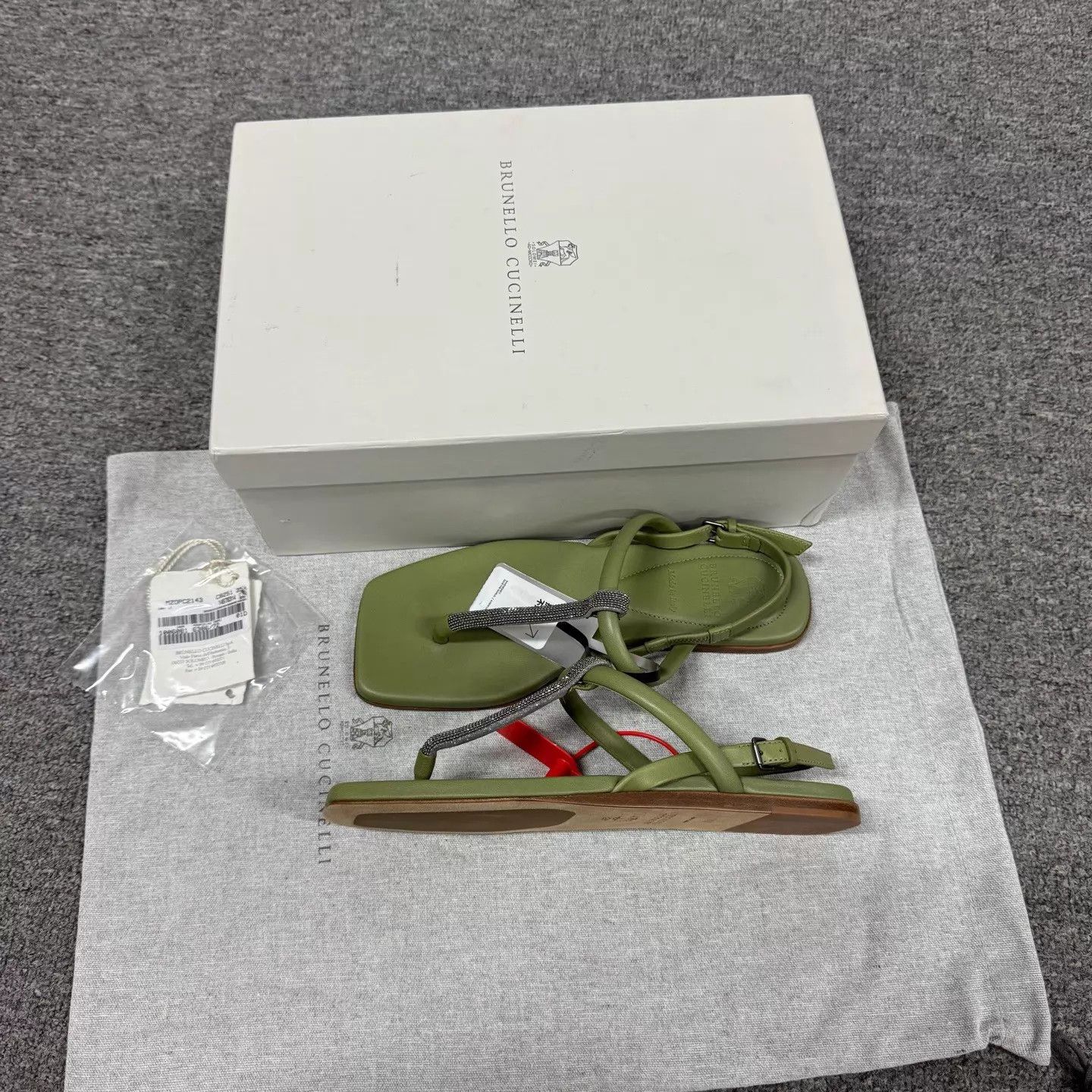 Brunello Cucinelli BC Olive Green Square Toe Monili Crystal Flat Sandal Size US 5 / IT 35 - 2 Thumbnail