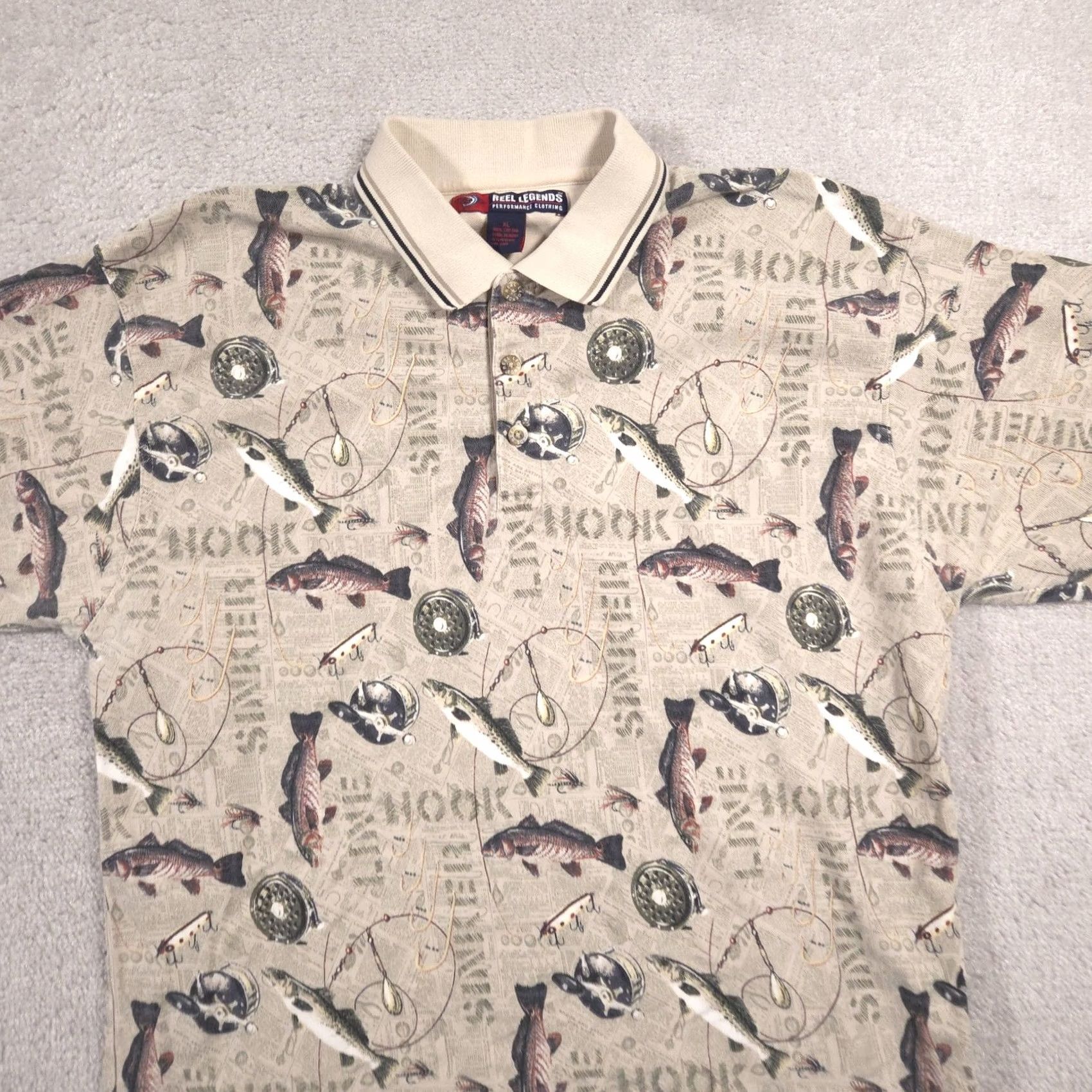 Vintage Reel Legends Polo Shirt Mens XL Beige Fishing Graphic Allover Print Cotton Size US XL / EU 56 / 4 - 3 Thumbnail
