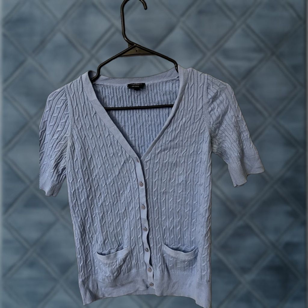 Talbots Talbots Cardigan V-Neck Short Sleeve Button Cable-Knit Pima Cotton Solid Blue Petite S Womens Size S / US 4 / IT 40 - 1 Thumbnail