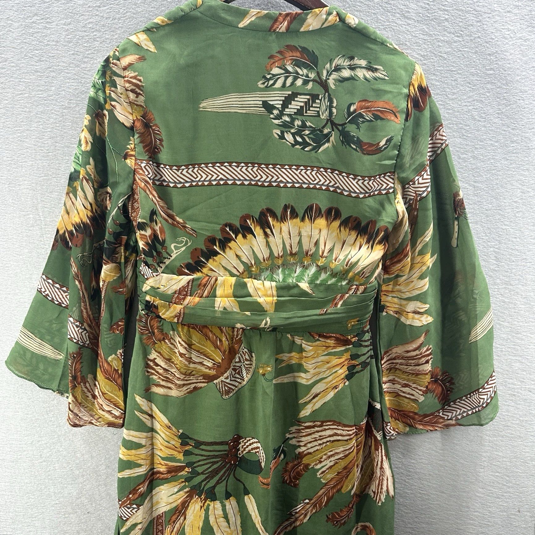 Vintage TOV Dress Womens S Green Silk Lined Feather Bohemian V-Neck Knee Length Vintage No Size S / US 4 / IT 40 - 4 Thumbnail