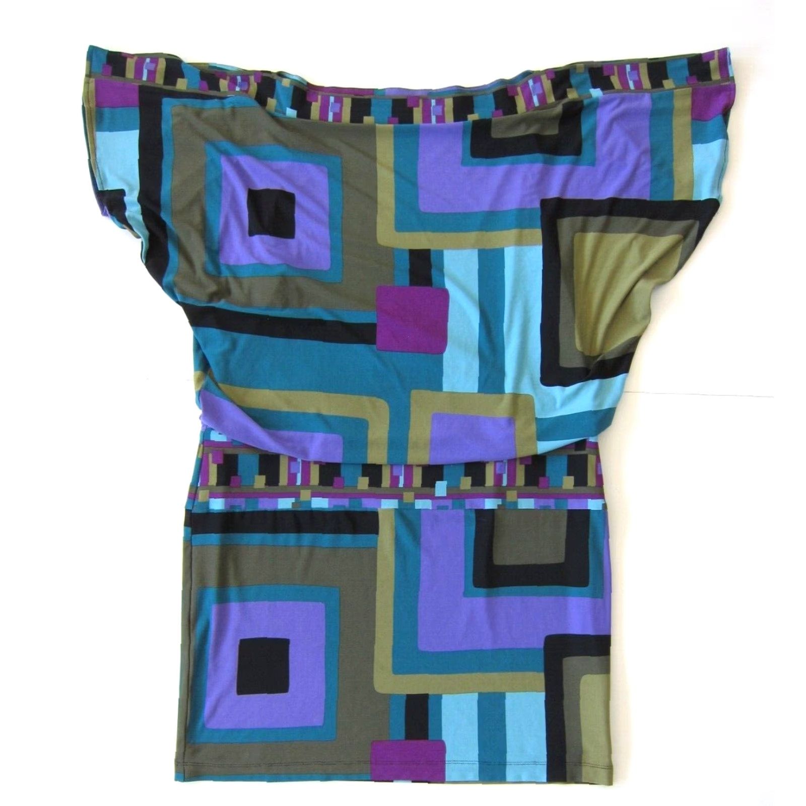Vintage Muse Dress Geometric Stretch Boxy Empire Sheath Tunic Green Purple Black 14 Women Size XL / US 12-14 / IT 48-50 - 8 Thumbnail