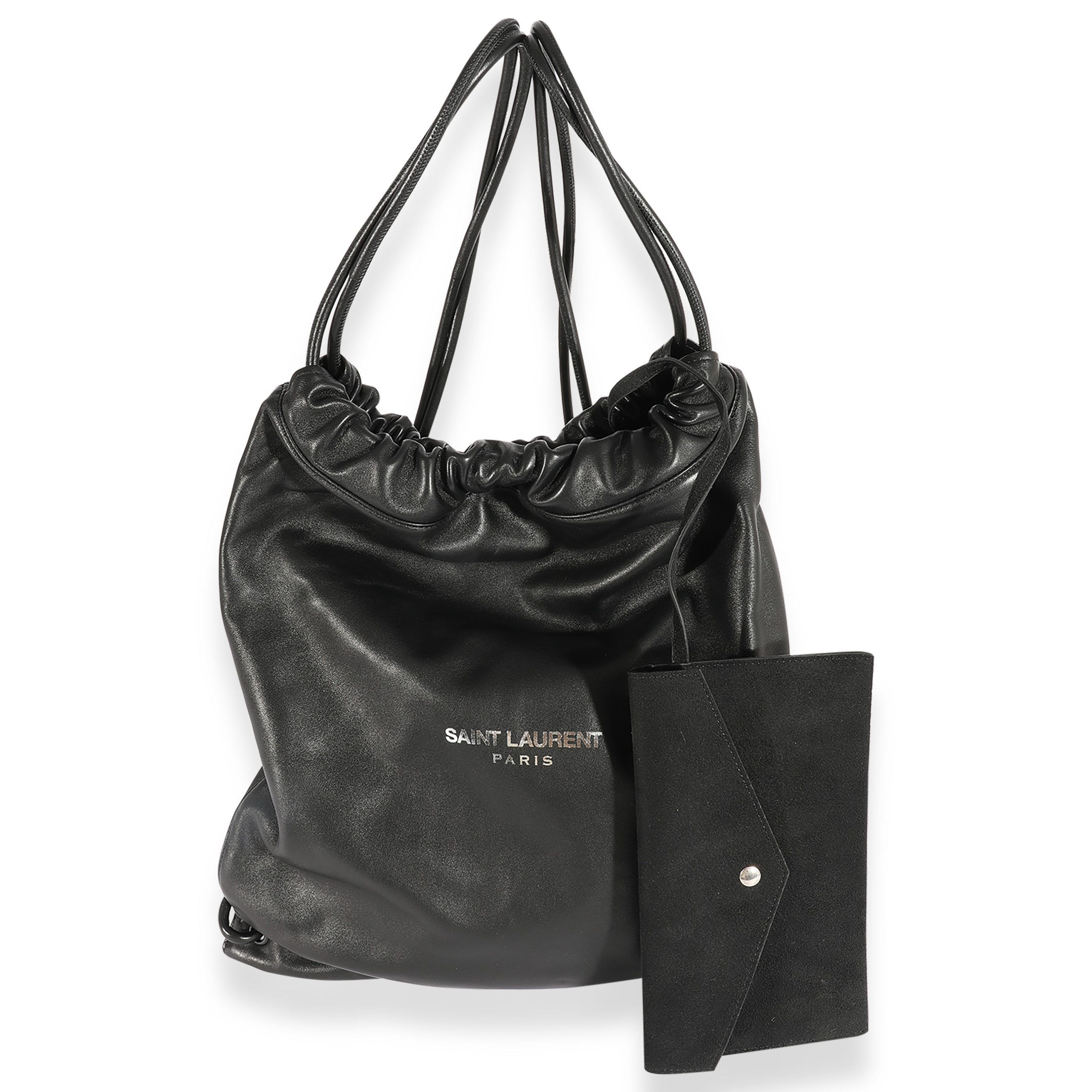 image of YVES Saint Laurent Black Lambskin Teddy Drawstring Backpack, Women's