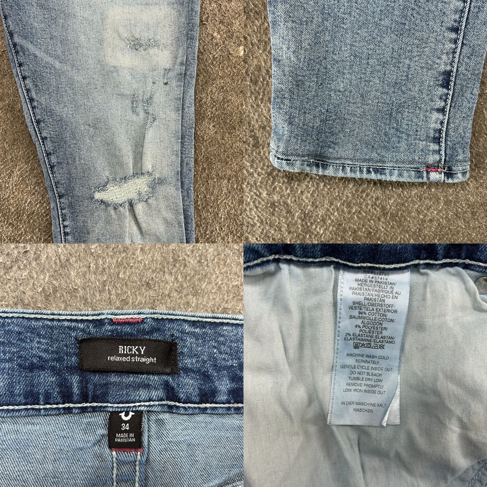 True Religion True Religion Ricky Jeans Mens 34x29 Blue Distressed Relaxed Straight Denim 5-Pocket Design Size US 34 / EU 50 - 8 Thumbnail