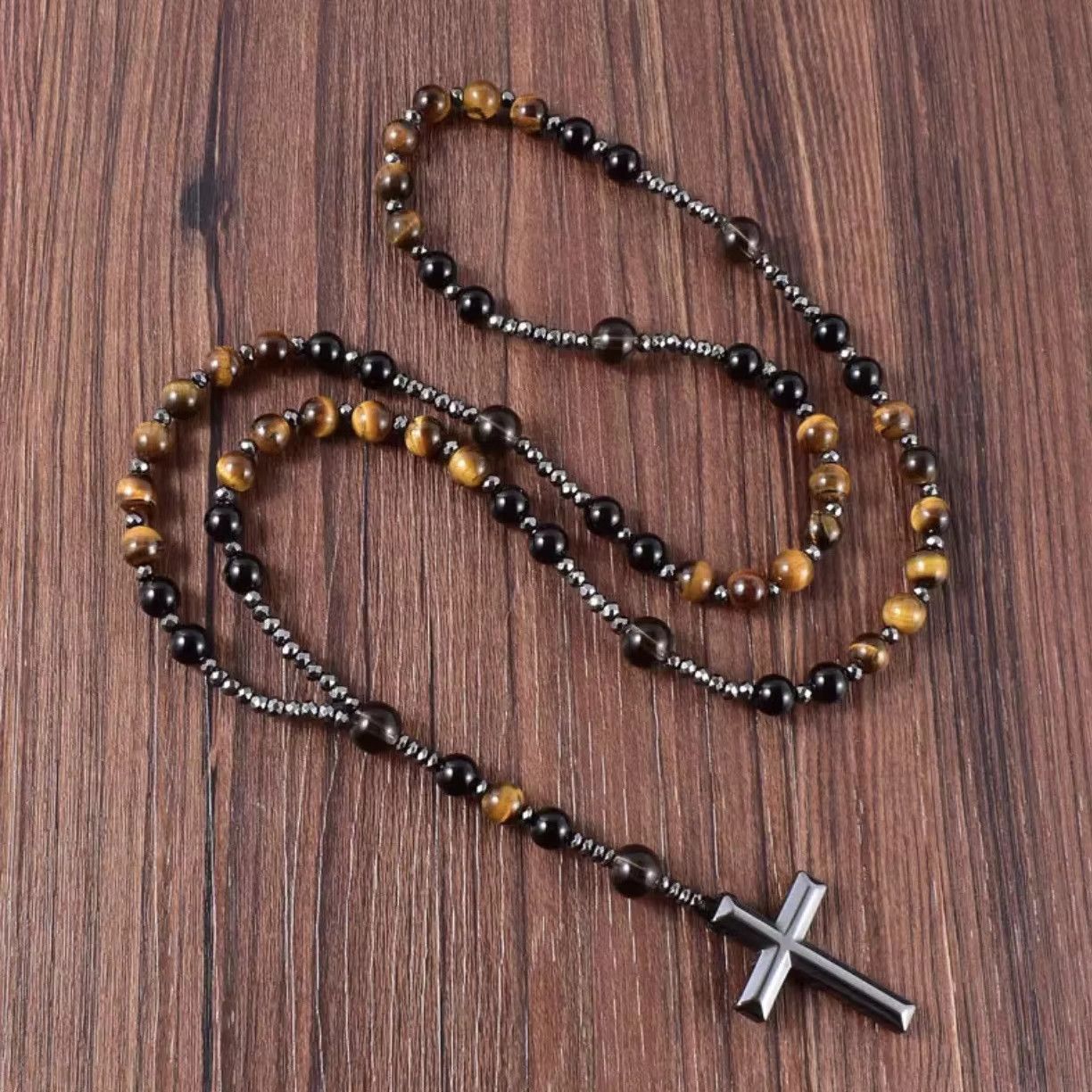 Jewelry Natural Tiger Eye Stone Catholic Christ Necklace Size ONE SIZE - 3 Thumbnail
