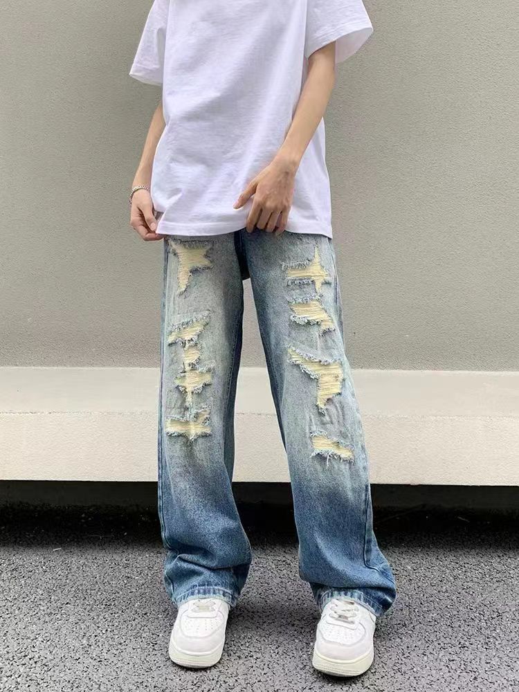 Retro street style fake ripped straight leg bootcut jeans