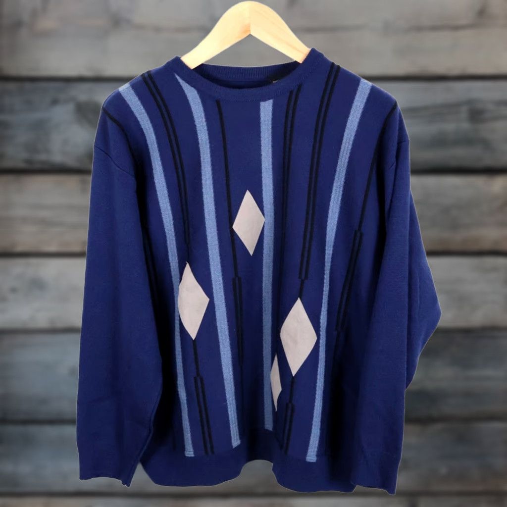 Vintage VINTAGE 90s Wool Blend Sweater Men's 2XL Blue Stripe Diamond Crewneck Italy Made Knit Pullover Regular Mens Size US XXL / EU 58 / 5 - 1 Thumbnail