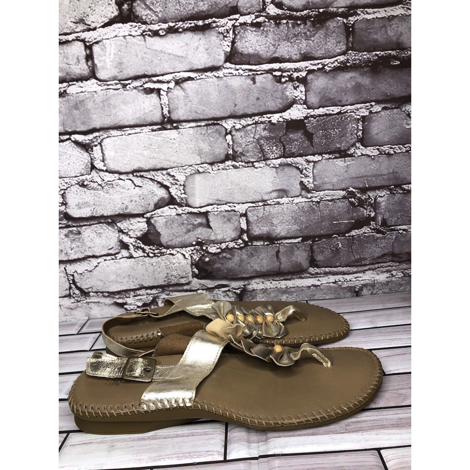 LITTLE AFRICA Soul of Africa Brown Leather Flower Ruffle Slingback Sandals Size US 11 / IT 41 - 19 Thumbnail