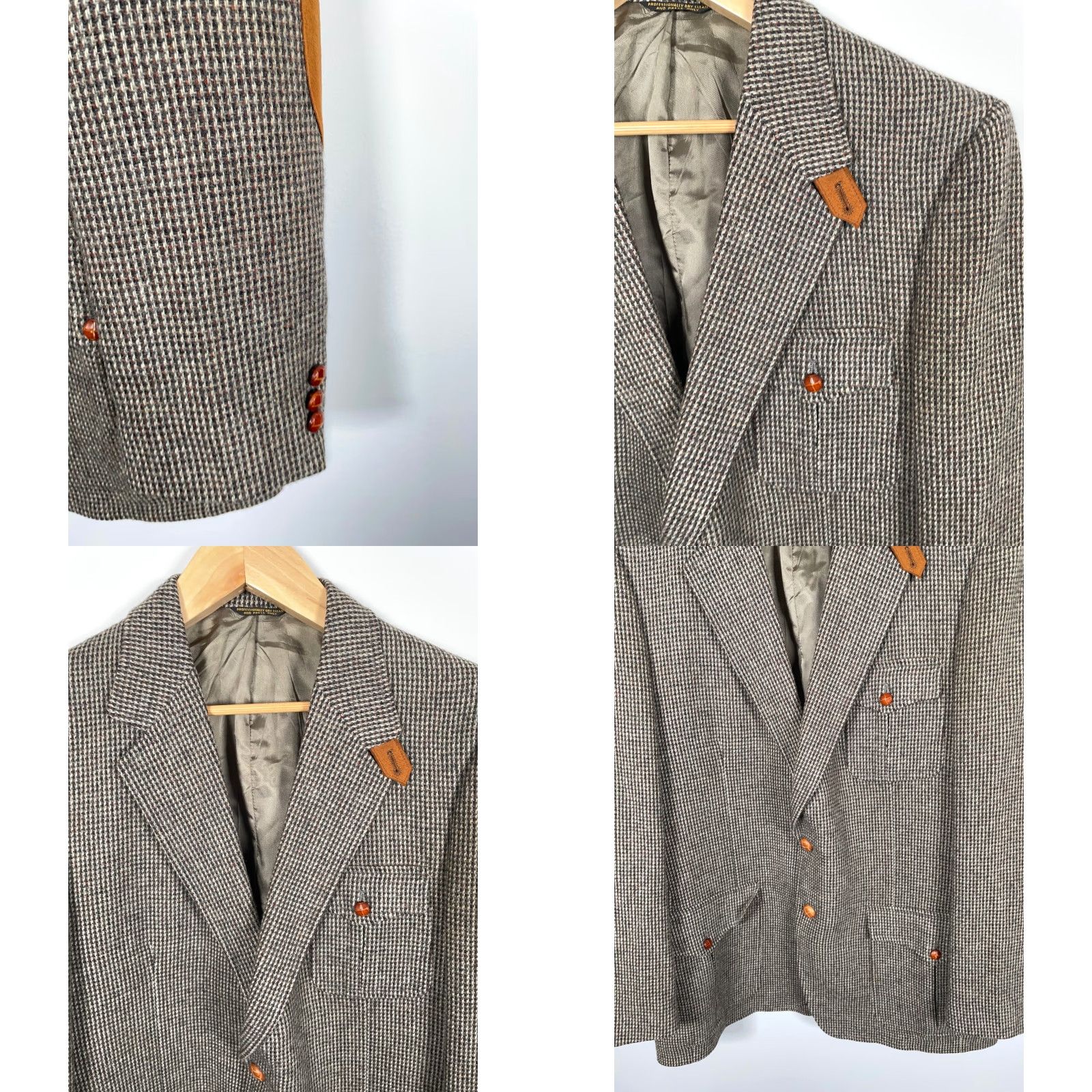 Vintage VINTAGE John Weitz Blazer Wool Tweed Gray 46R Notch Collar Three-Button Sleeves Faux Suede Elbow Patches Single-Vented Regular Mens Size 46R - 10 Thumbnail