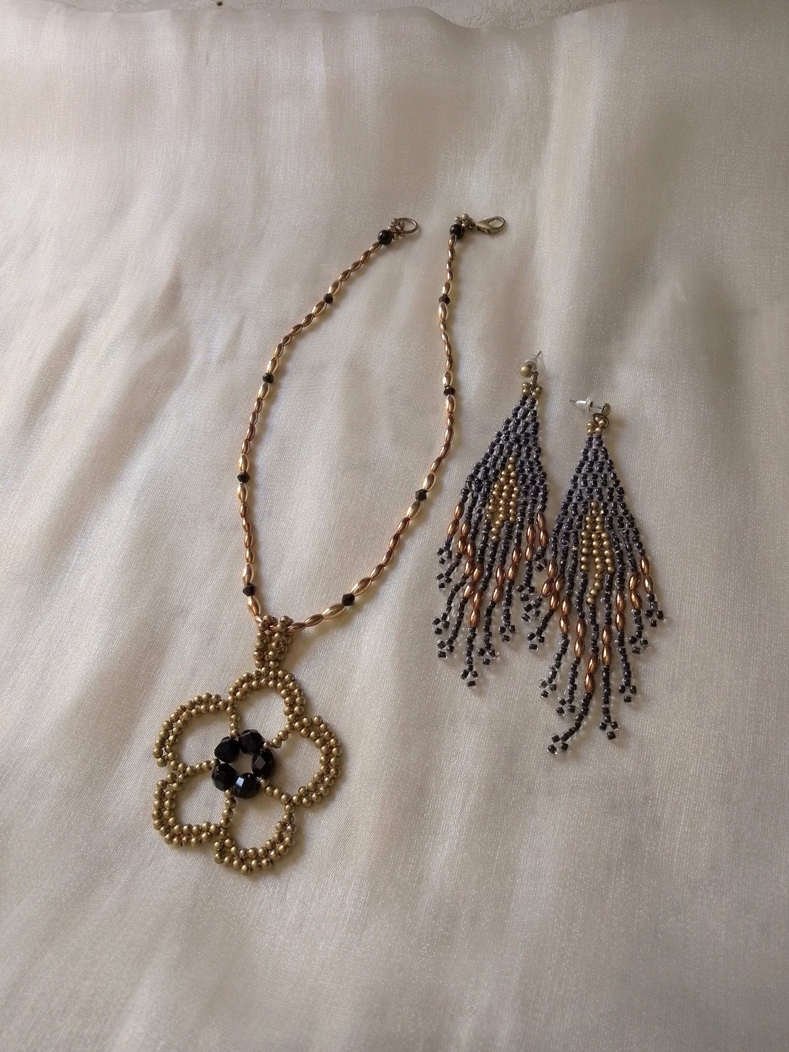 Handmade Necklace Flower pendant Black gemstones Earrings with Bangs Size ONE SIZE - 6 Thumbnail