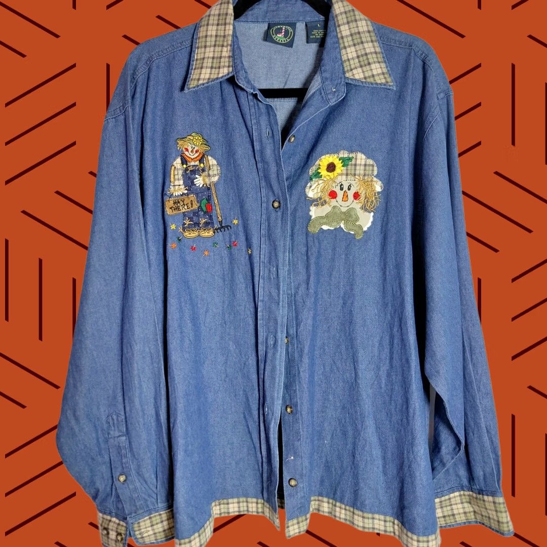 Vintage Lighthouse Apparel Embroidered Denim Shirt Women Size L Blue Solid Long Sleeve Size L / US 10 / IT 46 - 1 Thumbnail