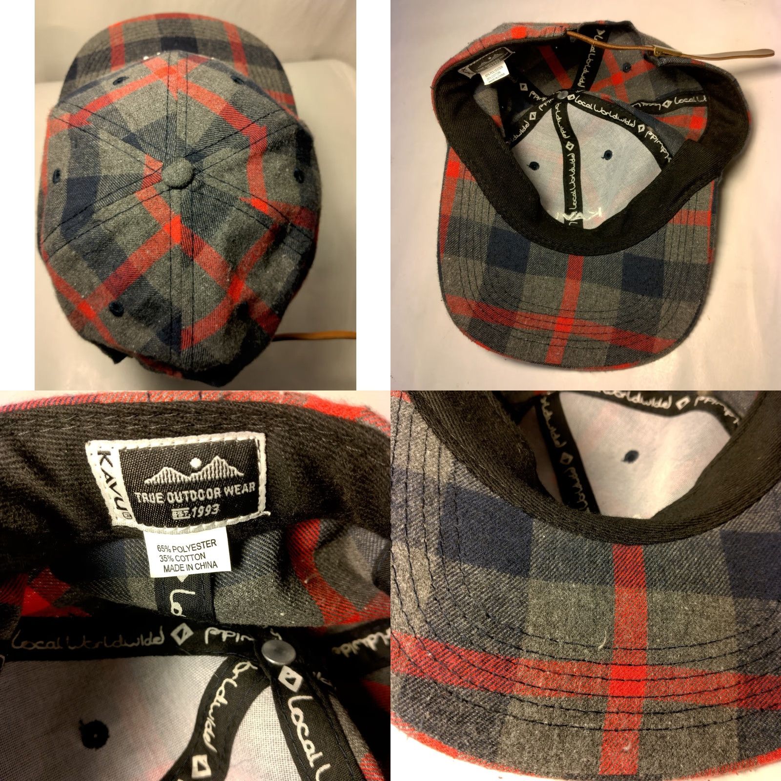 KAVU KAVU Cabin Fever Hat Gray Red Black Plaid Flannel Adjustable Leather Strap Back Casual Travel Men One Size Baseball Cap Size ONE SIZE - 8 Thumbnail