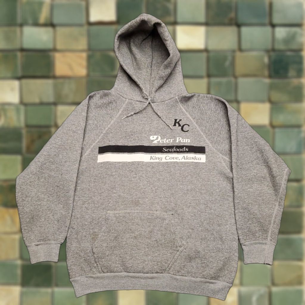 VINTAGE Discus Hoodie Mens L Gray Raglan Hooded Pullover Sweatshirt 70s Alaska