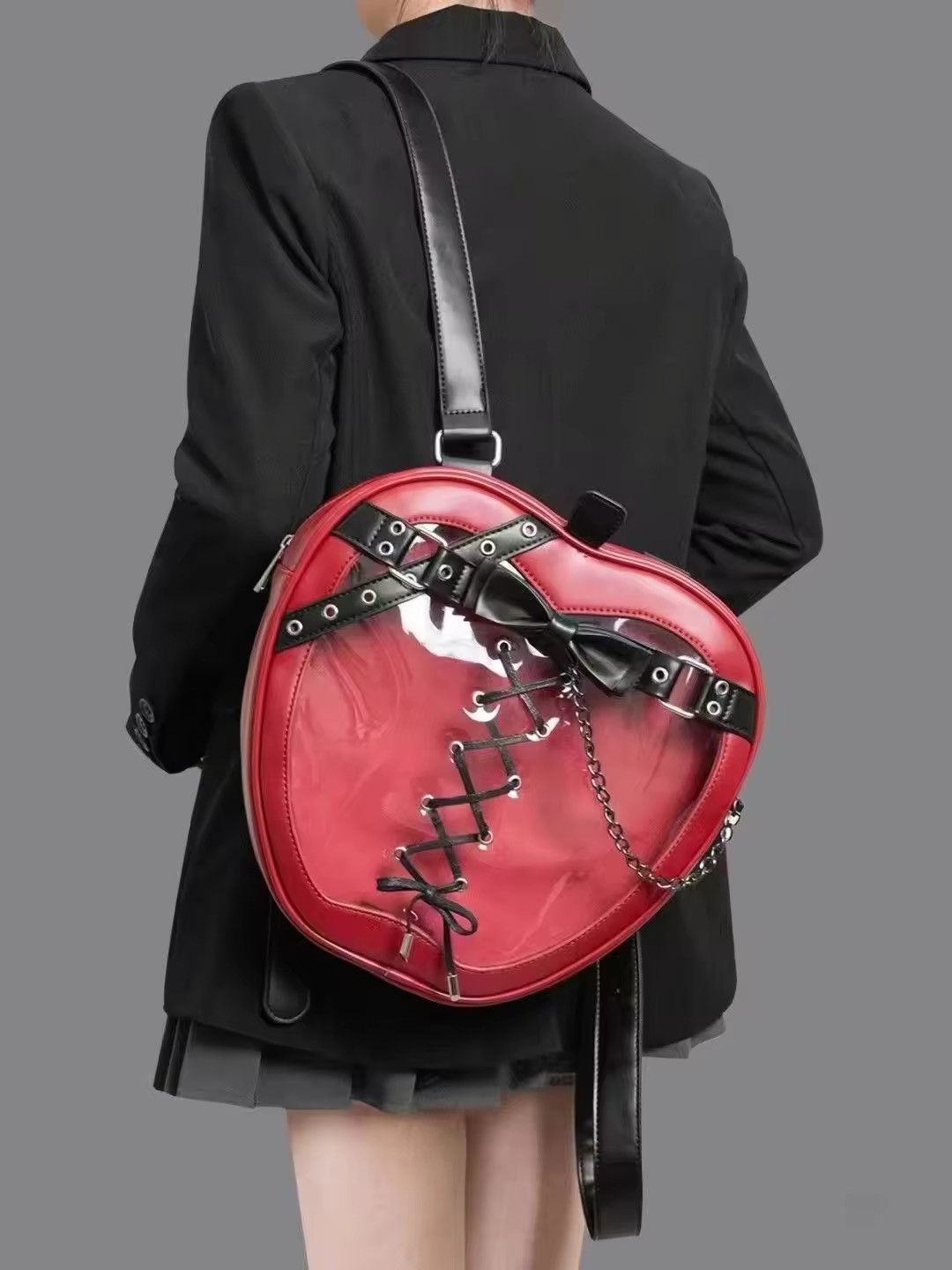Japanese Brand Kawaii Red Punk Pu Leather Apple Women Backpack Size ONE SIZE - 2 Thumbnail