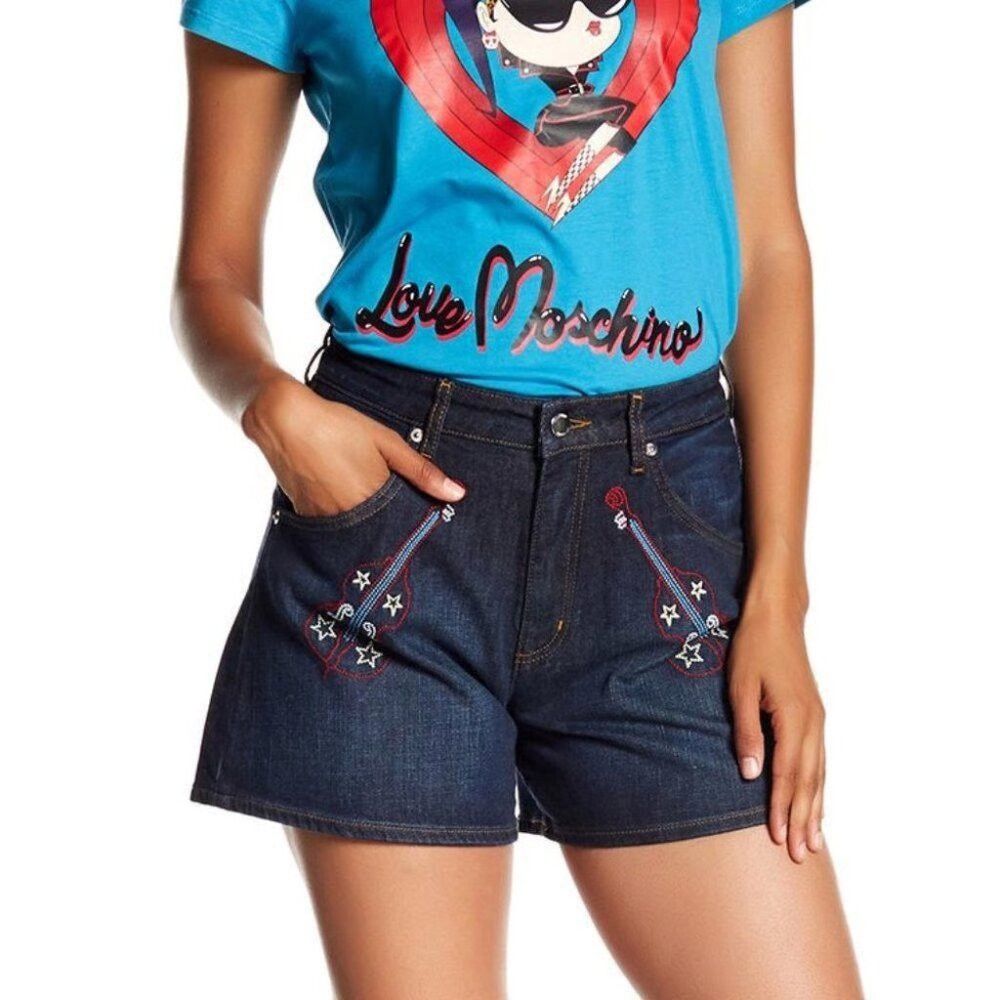 Love Moschino New Love Moschino Embroidered Guitar Denim Shorts Size 26 Size 26" / US 2 / IT 38 - 1 Thumbnail
