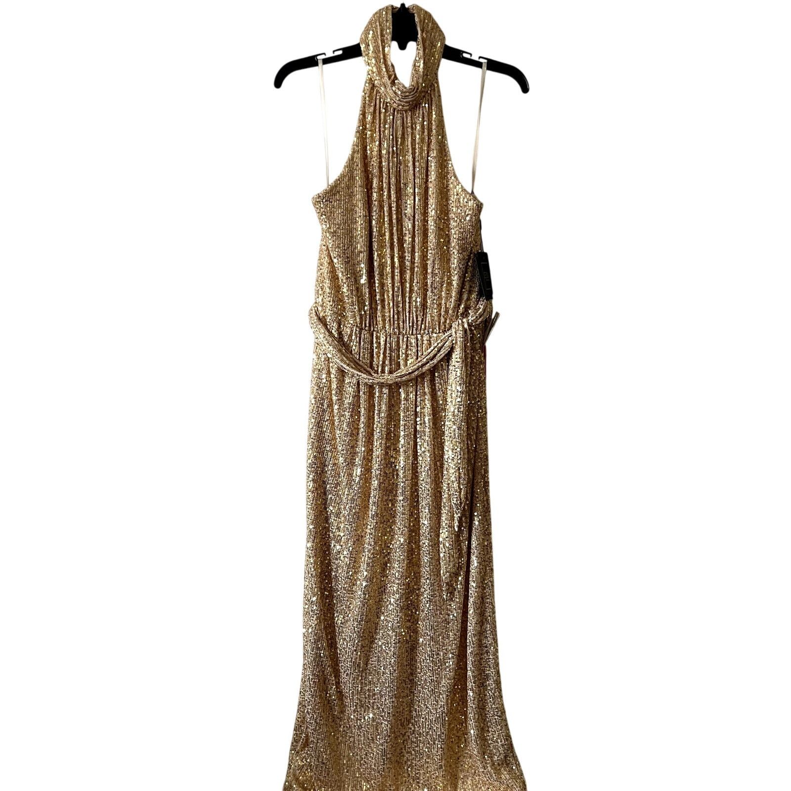 MACH & MACH Mac Duggal Gold Halter Neck Belted Soft Tie Gown size 14 BB Size L / US 10 / IT 46 - 6 Thumbnail