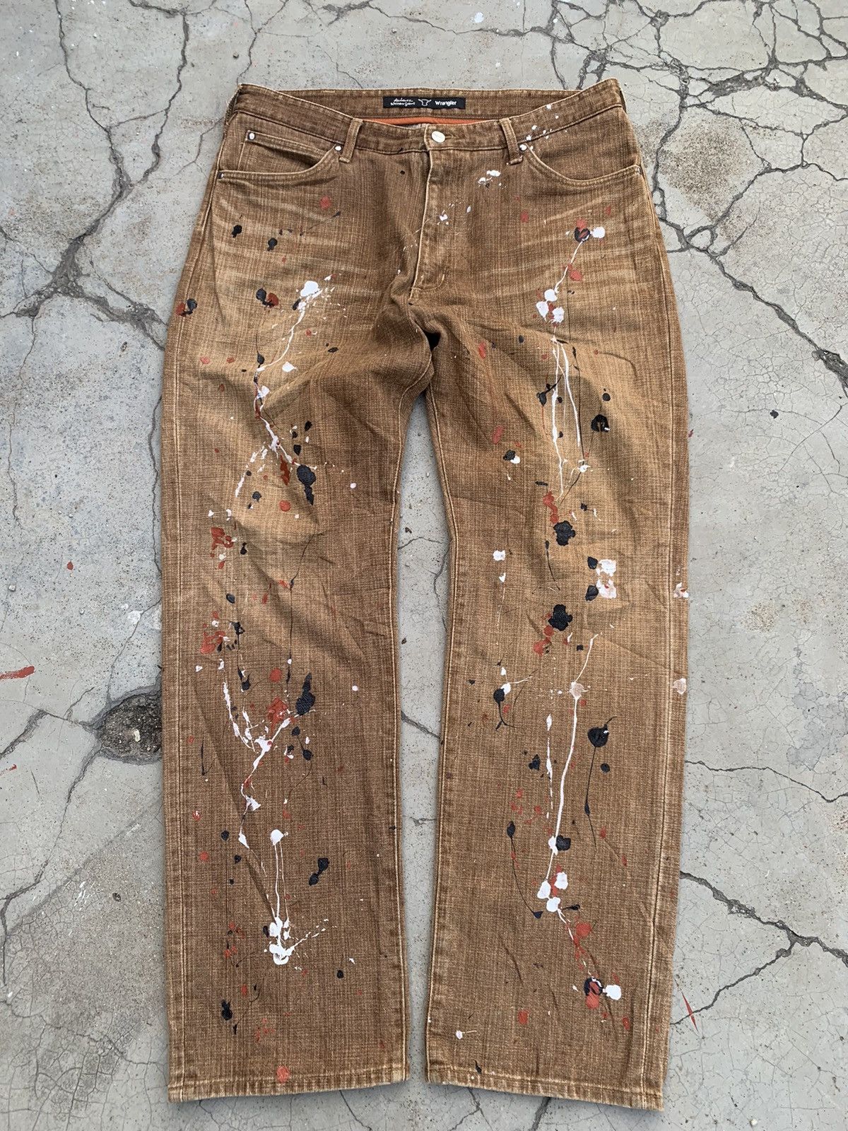 CUSTOM X LE GRANDE BLEU L G B BUFFALO HEAD WRANGLER DIRTY PAINTER DENIM. ACCEPT OFFER