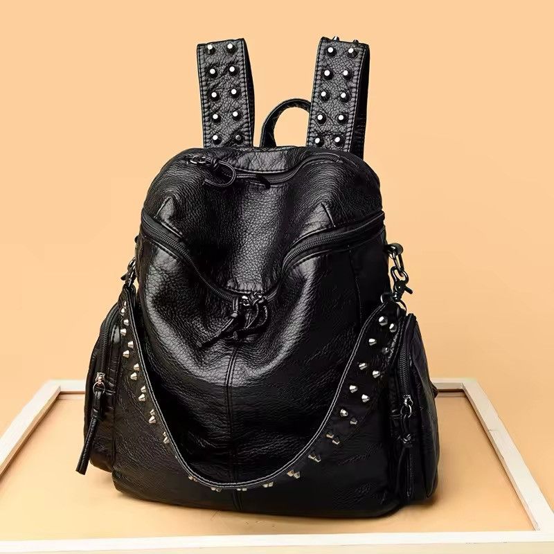 Japanese Brand Gothic Punk Soft PU Leather Black Backpack Size ONE SIZE - 3 Thumbnail