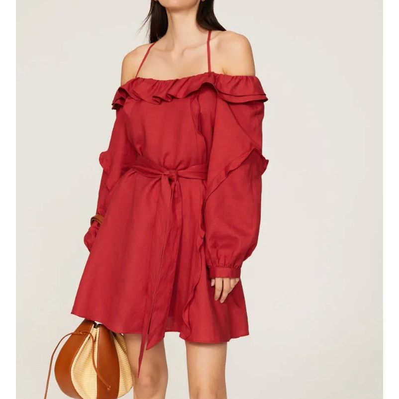 REVOLVE Marissa Webb Red Ruffle Off The Shoulder Belted Mini Dress Size S / US 4 / IT 40 - 1 Thumbnail