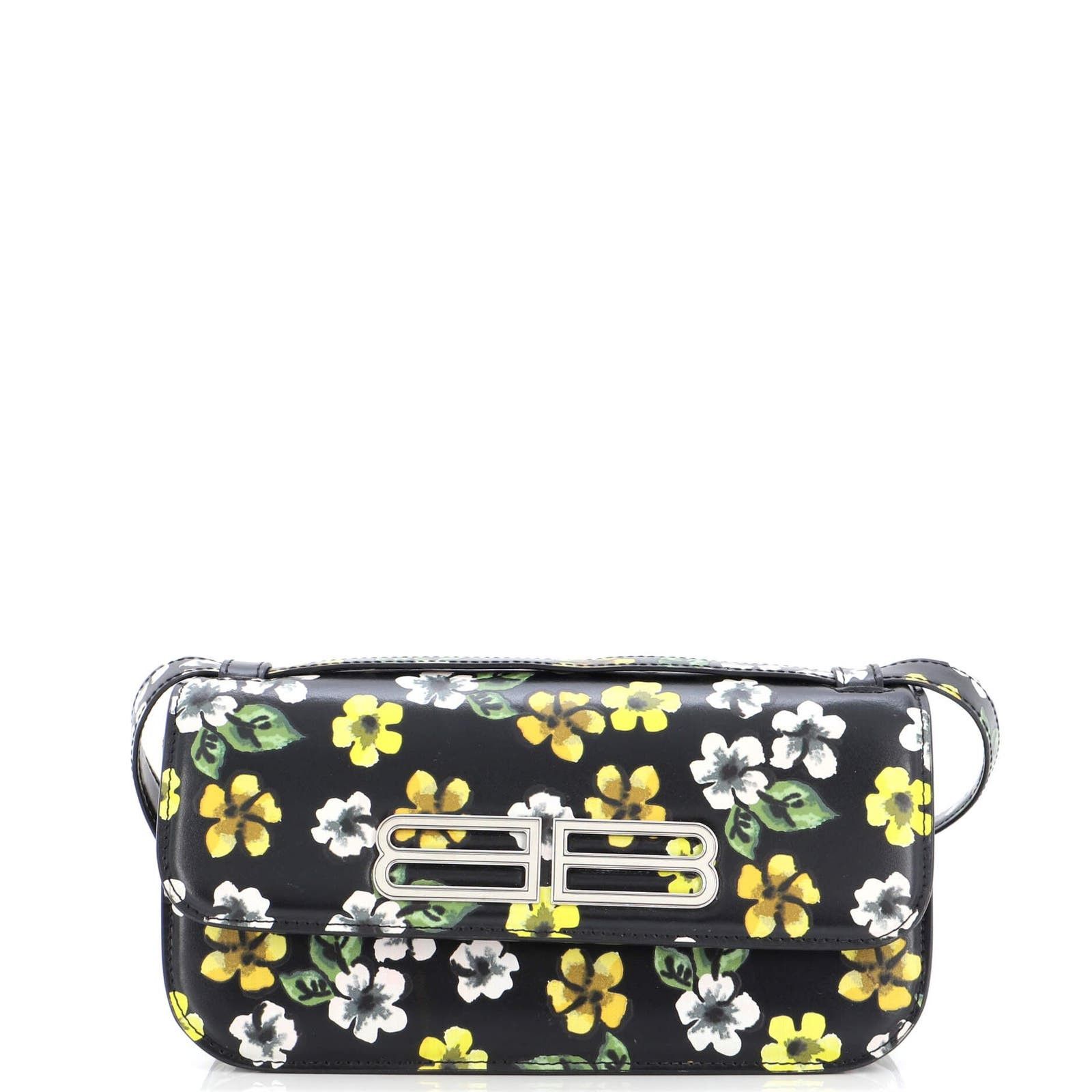 image of Balenciaga Gossip Flap Bag Printed Leather Small in Black, Women's