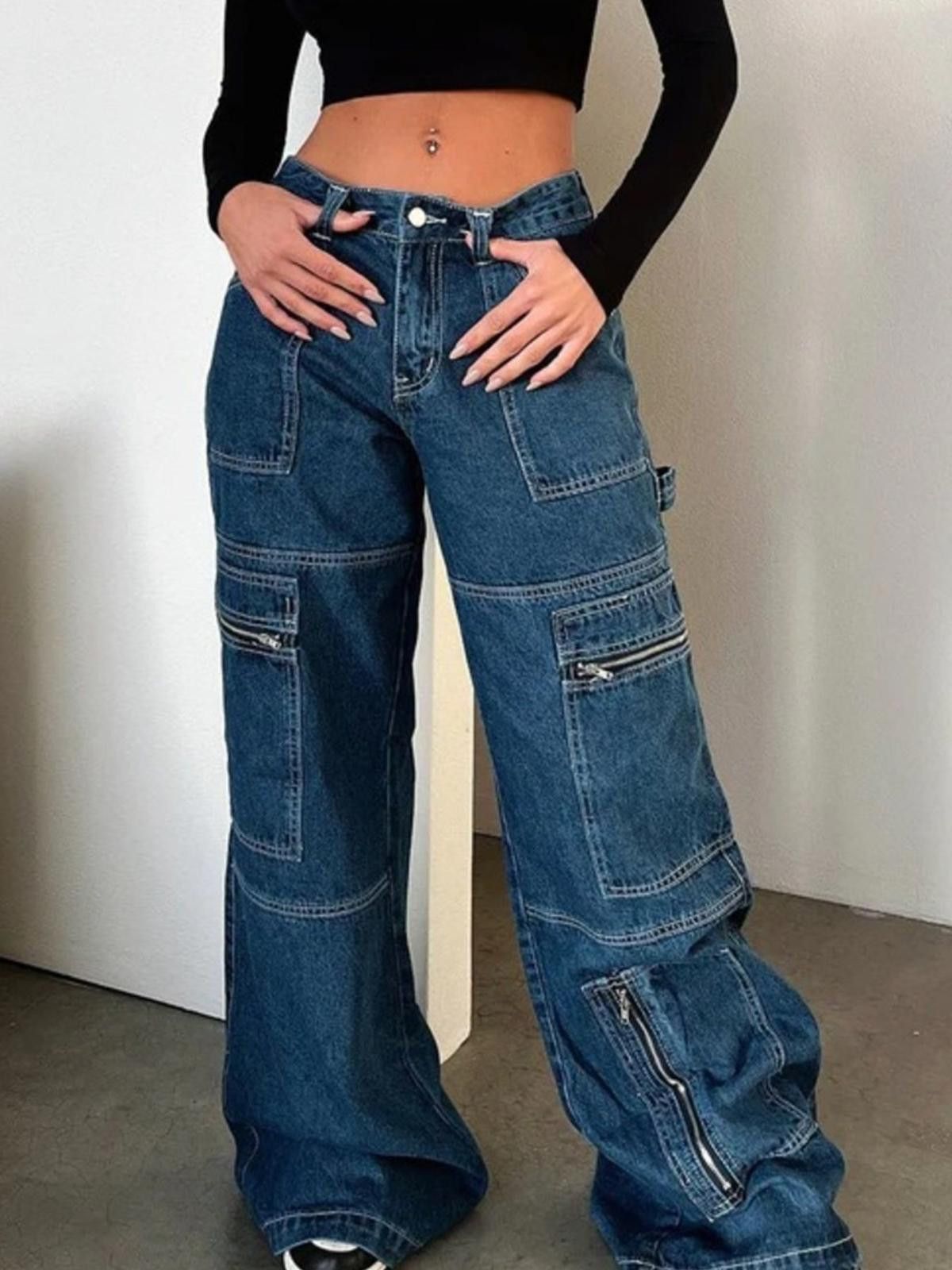 Other Wide Leg Dark Blue Denim Cargo Jeans Zipper Pockets S,M,L,XL Size 32" / US 10 / IT 46 - 3 Thumbnail
